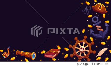 Game background with caribbean pirate spyglass, golden coins, ship anchor, corsair tricorn and steering wheel. Cartoon pirate captain hat, smoking pipe and log book adventure game UI background border Game background with caribbean pirate spyglass, golden coins, ship anchor, corsair tricorn and steering wheel. Cartoon pirate captain hat, smoking pipe and log book adventure game UI background border 141050056
