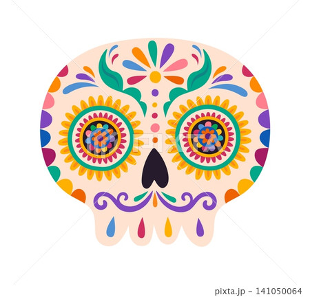 Mexican Day of the Dead ornate with flowers sugar calavera skull. Day of the Dead sugar skull isolated vector decoration. Mexican calavera with flower eyes, leafy brows, petal mouth and folk pattern Mexican Day of the Dead ornate with flowers sugar calavera skull. Day of the Dead sugar skull isolated vector decoration. Mexican calavera with flower eyes, leafy brows, petal mouth and folk pattern 141050064