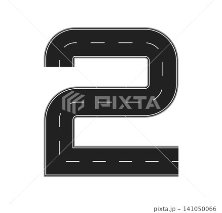 Number two shaped asphalt highway road and lane curve with dashed lane marking. Digit 2 math symbol, road font sign, asphalt path way typeface, abc route alphabet symbol for transportation or map type Number two shaped asphalt highway road and lane curve with dashed lane marking. Digit 2 math symbol, road font sign, asphalt path way typeface, abc route alphabet symbol for transportation or map type 141050066