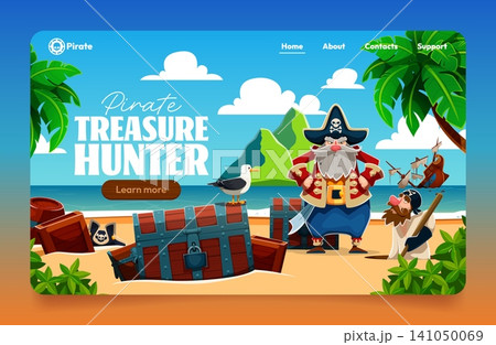 Landing page template with cartoon pirate captain character, sailor and treasures on tropical island. Pirate captain and boat ship wreck at sea, corsair hiding treasure chest digging sand at beach Landing page template with cartoon pirate captain character, sailor and treasures on tropical island. Pirate captain and boat ship wreck at sea, corsair hiding treasure chest digging sand at beach 141050069