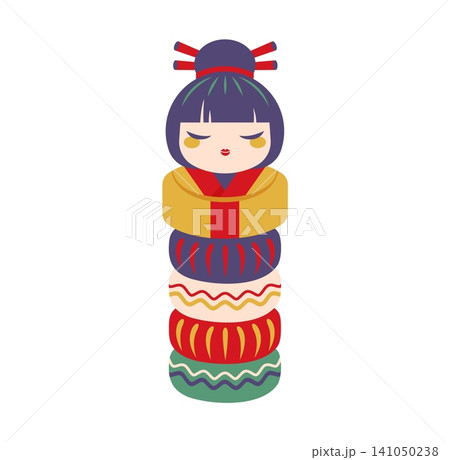 Kokeshi Japanese doll or wooden toy of girl in kimono dress, Japan culture and handicraft art symbol. Kokeshi doll traditional Japanese toy with cute face in geisha costume and Kanzashi hairpins Kokeshi Japanese doll or wooden toy of girl in kimono dress, Japan culture and handicraft art symbol. Kokeshi doll traditional Japanese toy with cute face in geisha costume and Kanzashi hairpins 141050238