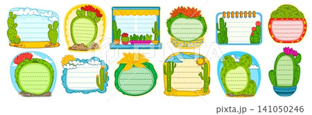 Cacti succulent kids memo note with cactus frames. Green cacti plants with flowers notebook and diary paper pages templates. Cute kids sticker, school planner and memo note with funny cactus borders Cacti succulent kids memo note with cactus frames. Green cacti plants with flowers notebook and diary paper pages templates. Cute kids sticker, school planner and memo note with funny cactus borders 141050246