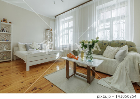 Studio Apartment Interior with Cozy Sofa and Wooden Bed Studio Apartment Interior with Cozy Sofa and Wooden Bed 141050254