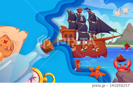Papercut pirate banner with bottle, sail ship and funny corsairs on deck. Cartoon pirate crew characters sailing in blue sea banner with 3d paper cut wavy border, treasure map, cute crab and compass Papercut pirate banner with bottle, sail ship and funny corsairs on deck. Cartoon pirate crew characters sailing in blue sea banner with 3d paper cut wavy border, treasure map, cute crab and compass 141050257