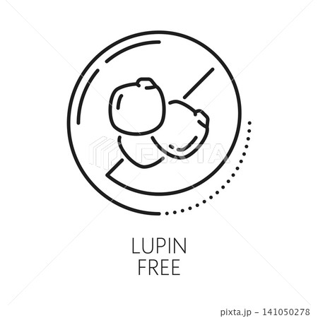 Lupin free food allergen icon, allergy ingredient label pictogram showing two beans inside a circular label. Regulatory symbol indicating lupin allergy warning for packaged products and dietary menus Lupin free food allergen icon, allergy ingredient label pictogram showing two beans inside a circular label. Regulatory symbol indicating lupin allergy warning for packaged products and dietary menus 141050278