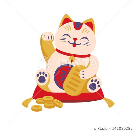 Cartoon lucky Japanese Maneki Neko lucky cat with gold sitting on red pillow. Asian New Year kitten souvenir with raised paw holding golden ingot. Traditional figure symbol of good luck and prosperity 141050283