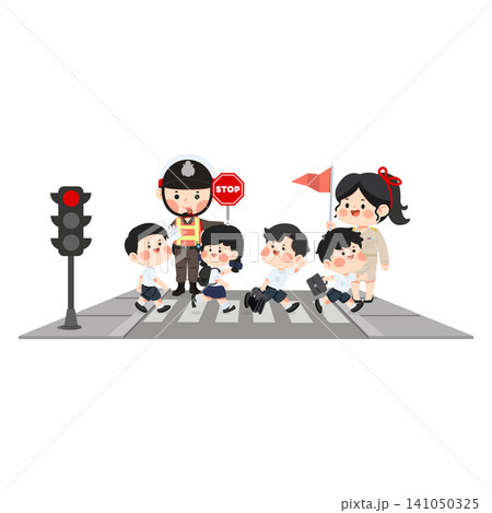 Children Crossing Road With Teacher and Traffic Officer Children Crossing Road With Teacher and Traffic Officer 141050325