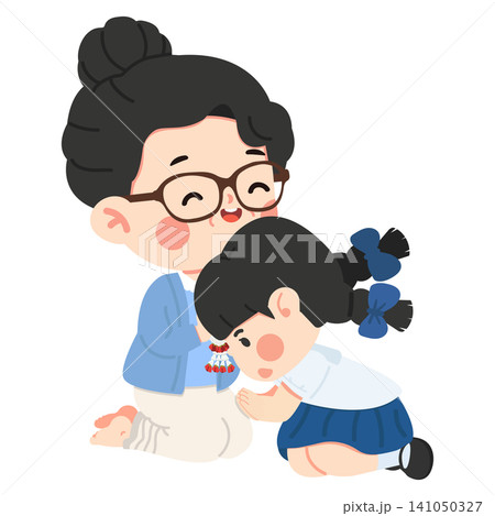 School Girl Greeting Mother With Thai Wai School Girl Greeting Mother With Thai Wai 141050327