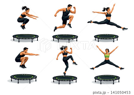 Vsai people exercising on mini trampolines for fitness training 141050453