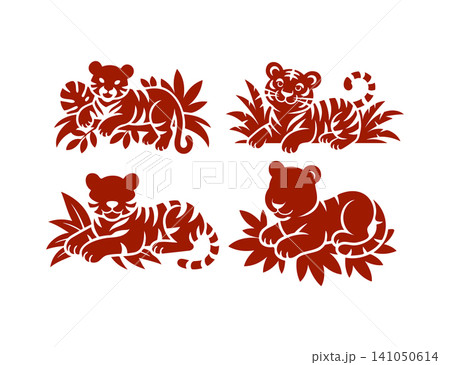 Cute Tiger Cub Tropical Silhouette Set 141050614