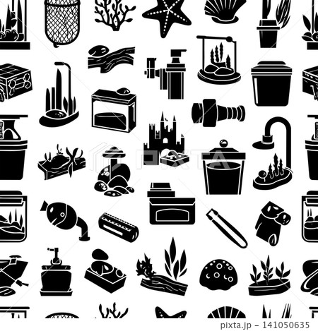 Aquarium supplies and underwater decorations seamless pattern with black icons on white set Aquarium supplies and underwater decorations seamless pattern with black icons on white set 141050635