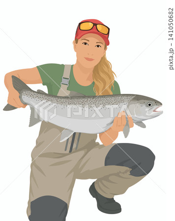 Vsai woman angler catching a large salmon sport fishing Vsai woman angler catching a large salmon sport fishing 141050682