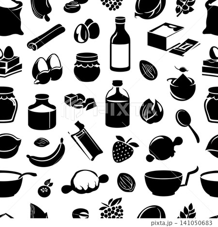 Pattern of food ingredients and items in black silhouette on white background Pattern of food ingredients and items in black silhouette on white background 141050683