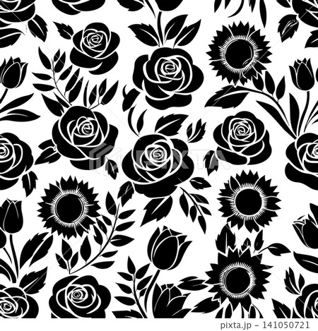 Seamless pattern with black silhouettes of different roses and sunflowers on white background Seamless pattern with black silhouettes of different roses and sunflowers on white background 141050721