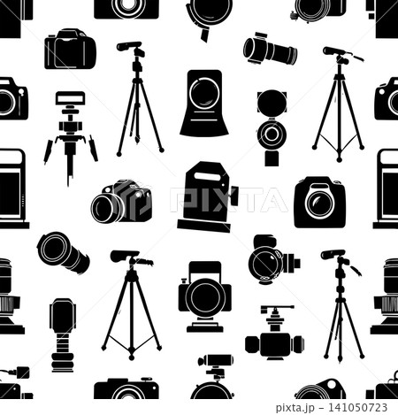 Seamless pattern with camera and photography equipment silhouettes on white background vector illustration 141050723