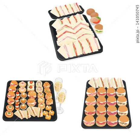 Vsai catering food platters offering diverse appetizers and sandwiches Vsai catering food platters offering diverse appetizers and sandwiches 141050745