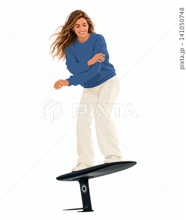 Vsai woman riding a hydrofoil electric surfboard enjoying freedom Vsai woman riding a hydrofoil electric surfboard enjoying freedom 141050748