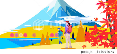 富士山と紅葉の美しい湖畔をトレッキングする2人の女性のベクターイラスト 富士山と紅葉の美しい湖畔をトレッキングする2人の女性のベクターイラスト 141051073