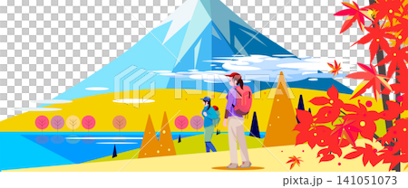 富士山と紅葉の美しい湖畔をトレッキングする2人の女性のベクターイラスト 富士山と紅葉の美しい湖畔をトレッキングする2人の女性のベクターイラスト 141051073