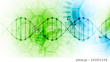 Abstract biotechnology background with a green and blue DNA double helix molecule and hexagonal patterns on a white background. Abstract biotechnology background with a green and blue DNA double helix molecule and hexagonal patterns on a white background. 141051159