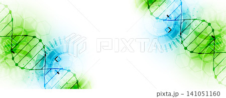 Abstract biotechnology background with a green and blue DNA double helix molecule and hexagonal patterns on a white background. 141051160
