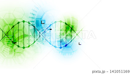 Abstract biotechnology background with a green and blue DNA double helix molecule and hexagonal patterns on a white background. Abstract biotechnology background with a green and blue DNA double helix molecule and hexagonal patterns on a white background. 141051169