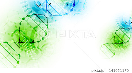 Abstract biotechnology background with a green and blue DNA double helix molecule and hexagonal patterns on a white background. 141051170
