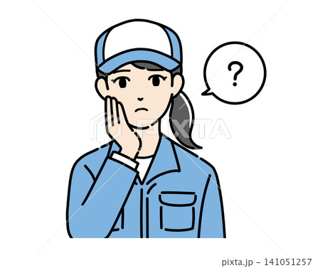疑問を感じる帽子と作業服を着た若い女性のイラスト 疑問を感じる帽子と作業服を着た若い女性のイラスト 141051257