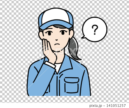 疑問を感じる帽子と作業服を着た若い女性のイラスト 疑問を感じる帽子と作業服を着た若い女性のイラスト 141051257