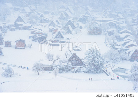 冬の白川郷 荻町城跡展望台から一望する雪降りしきる銀世界の合掌造り集落の全景風景 冬の白川郷 荻町城跡展望台から一望する雪降りしきる銀世界の合掌造り集落の全景風景 141051403
