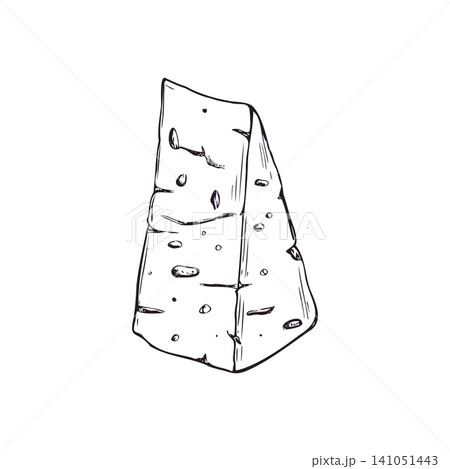 Hand drawn wedge of blue cheese vector illustration in engraving style. Dairy product snack line art black ink sketch. Graphic element for menu, restaurant, organic farm market, food infographic Hand drawn wedge of blue cheese vector illustration in engraving style. Dairy product snack line art black ink sketch. Graphic element for menu, restaurant, organic farm market, food infographic 141051443