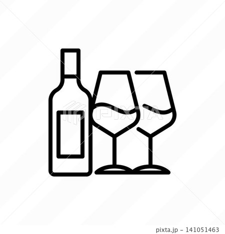 Wine bottle and two glasses thin line icon. Alcohol. Romantic dinner. Modern vector illustration. Wine bottle and two glasses thin line icon. Alcohol. Romantic dinner. Modern vector illustration. 141051463