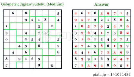 Geometric jigsaw sudoku medium puzzle game with answer math logic worksheet layout 141051482