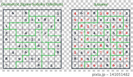 Geometric jigsaw sudoku medium puzzle game with answer math logic worksheet layout 141051482