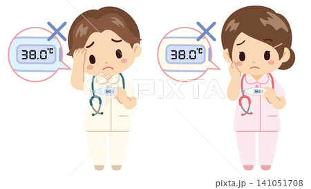 微熱や発熱に困惑する看護師と体温計のイラスト素材 微熱や発熱に困惑する看護師と体温計のイラスト素材 141051708