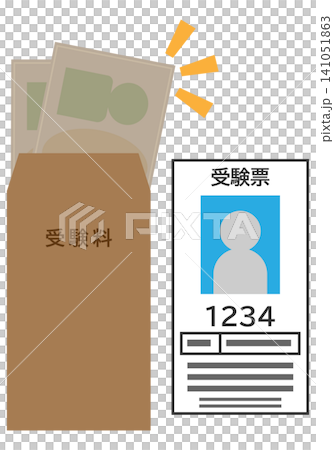 A set of illustrations depicting a simple photo-attached exam ticket and the money for the exam fee. 141051863