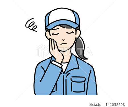 もやもや悩んでいる帽子と作業服を着た若い女性のイラスト 141052698