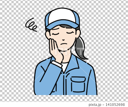もやもや悩んでいる帽子と作業服を着た若い女性のイラスト 141052698