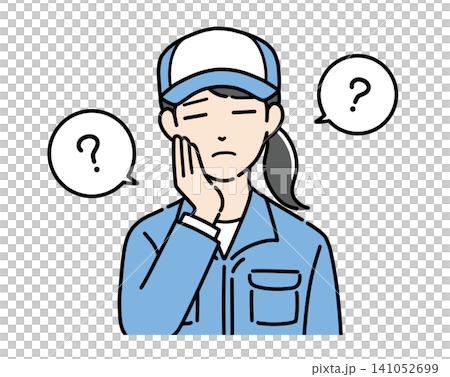 一幅描繪一位戴著帽子、身穿工作服、神情憂慮的年輕女子的插圖。 一幅描繪一位戴著帽子、身穿工作服、神情憂慮的年輕女子的插圖。 141052699