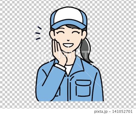 笑顔で関心する白帽子と作業服を着た若い女性のイラスト 141052701