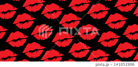 Red Lipstick Kiss Marks on Black Background Luxury Beauty Pattern 141052806