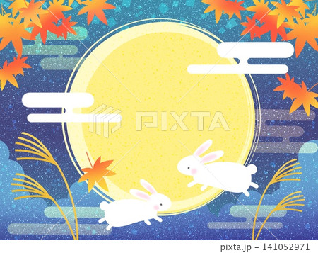 お月見の背景イラスト素材/うさぎ 満月 紅葉 すすき 秋の風景 お月見の背景イラスト素材/うさぎ 満月 紅葉 すすき 秋の風景 141052971