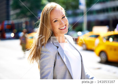 Smile, urban and portrait of businesswoman, city or professional for corporate employee. Confidence, hair and commute or travel to workplace in New York, business consultant or entrepreneur career Smile, urban and portrait of businesswoman, city or professional for corporate employee. Confidence, hair and commute or travel to workplace in New York, business consultant or entrepreneur career 141053107