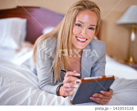 Hotel, tablet and portrait of business woman online for website, social media and networking. Professional, bedroom and happy person on digital tech for contact, research and internet on work trip Hotel, tablet and portrait of business woman online for website, social media and networking. Professional, bedroom and happy person on digital tech for contact, research and internet on work trip 141053128