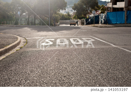 Road marking, street and stop sign with mistake for humor, joke or comic text for soup in neighborhood. Asphalt, error and funny signage with writing, language and wrong spelling for warning in town 141053197