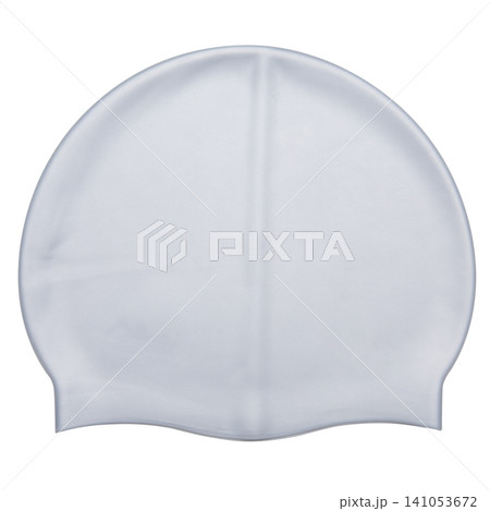 Silver gray silicone swimming cap isolated on white background, blank waterproof swim hat mock up Silver gray silicone swimming cap isolated on white background, blank waterproof swim hat mock up 141053672