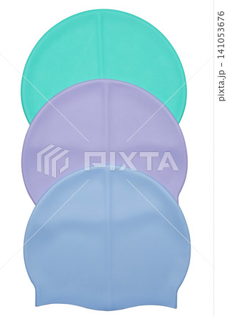 Three pastel silicone swimming caps stacked vertically isolated on white background, vertical row of blank waterproof swim hats Three pastel silicone swimming caps stacked vertically isolated on white background, vertical row of blank waterproof swim hats 141053676