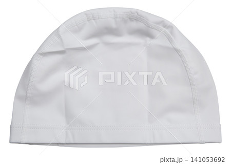 White fabric swimming cap isolated on white background, blank textile waterproof swim hat mockup 141053692