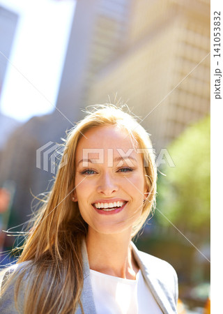 Smile, urban and portrait of businesswoman, city and professional for corporate employee. Confidence, happy and commute or travel to workplace in New York, business consultant and successful career 141053832