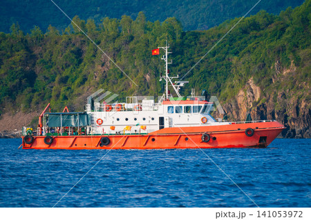 Coast Guard warship ship patrols at sea off coast of an island in Vietnam in Asia 141053972